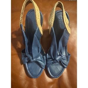 Corso Como Blue Leather Espadrille Wedge Sandals Slingback Bow Peep Toe Womens
